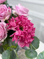French Garden Paradise pink rose and hydrangea real touch arrangement in a clear glass vase