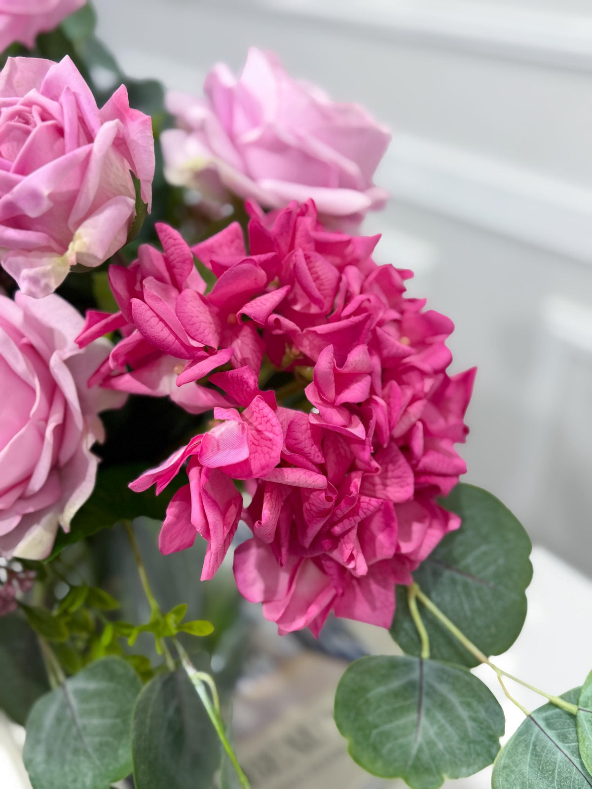 French Garden Paradise pink rose and hydrangea real touch arrangement in a clear glass vase