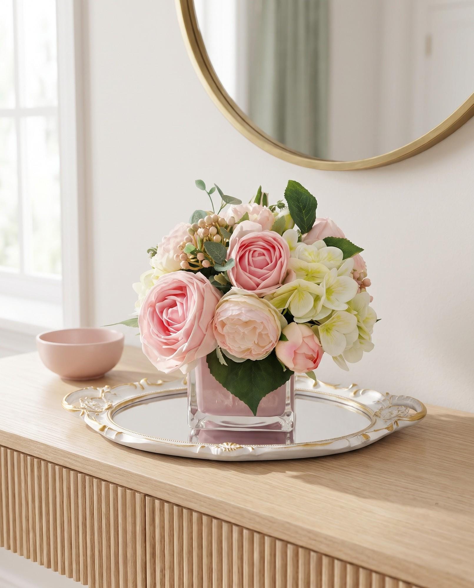 Real Touch Pink Rose Faux Hydrangea Arrangement Cube Glass Vase Secondary image