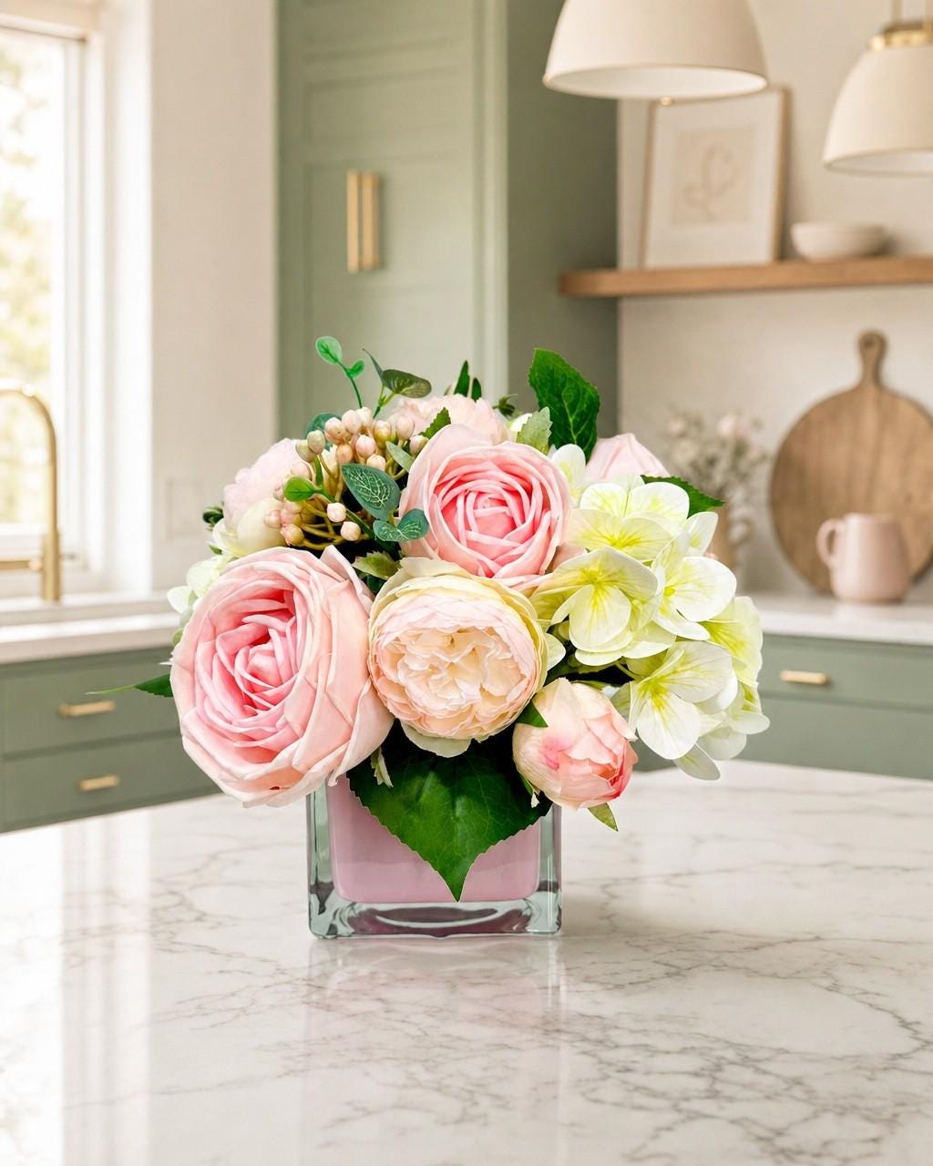 Real touch pink rose and faux hydrangea arrangement in pink cube glass vase on kitchen island