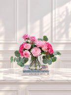 French Garden Real Touch Hydrangea Pink Rose Arrangement in glass vase