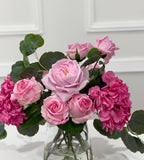 French Garden Real Touch Hydrangea Pink Rose Arrangement in glass vase