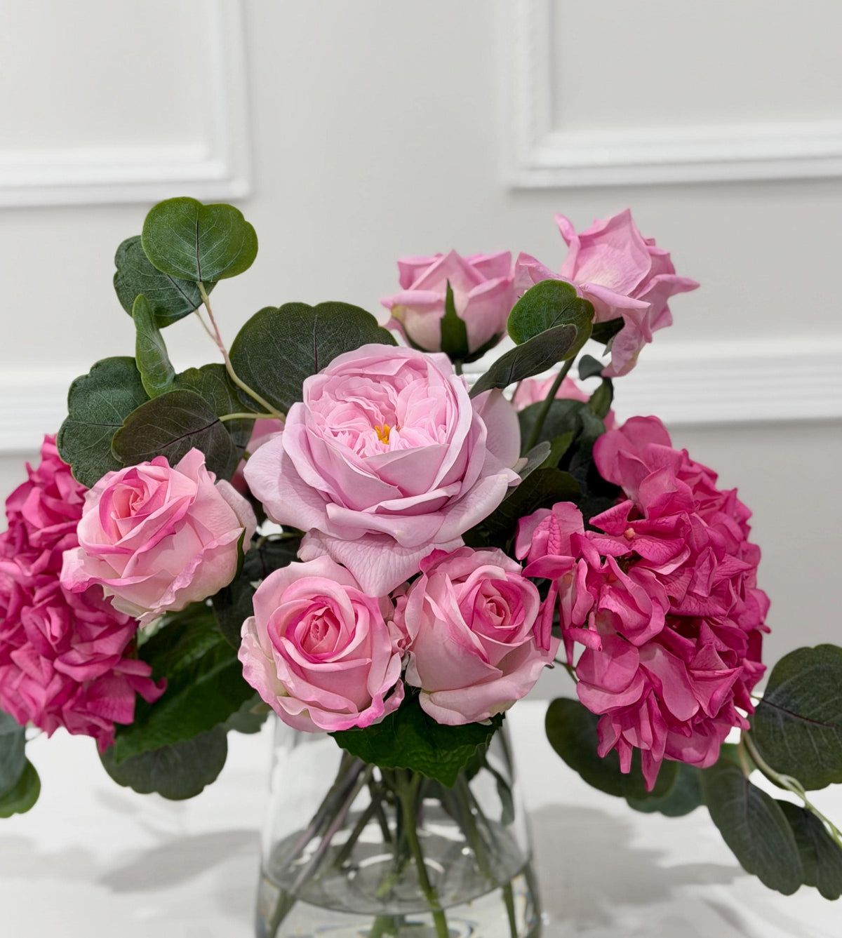 French Garden Real Touch Hydrangea Pink Rose Arrangement in glass vase