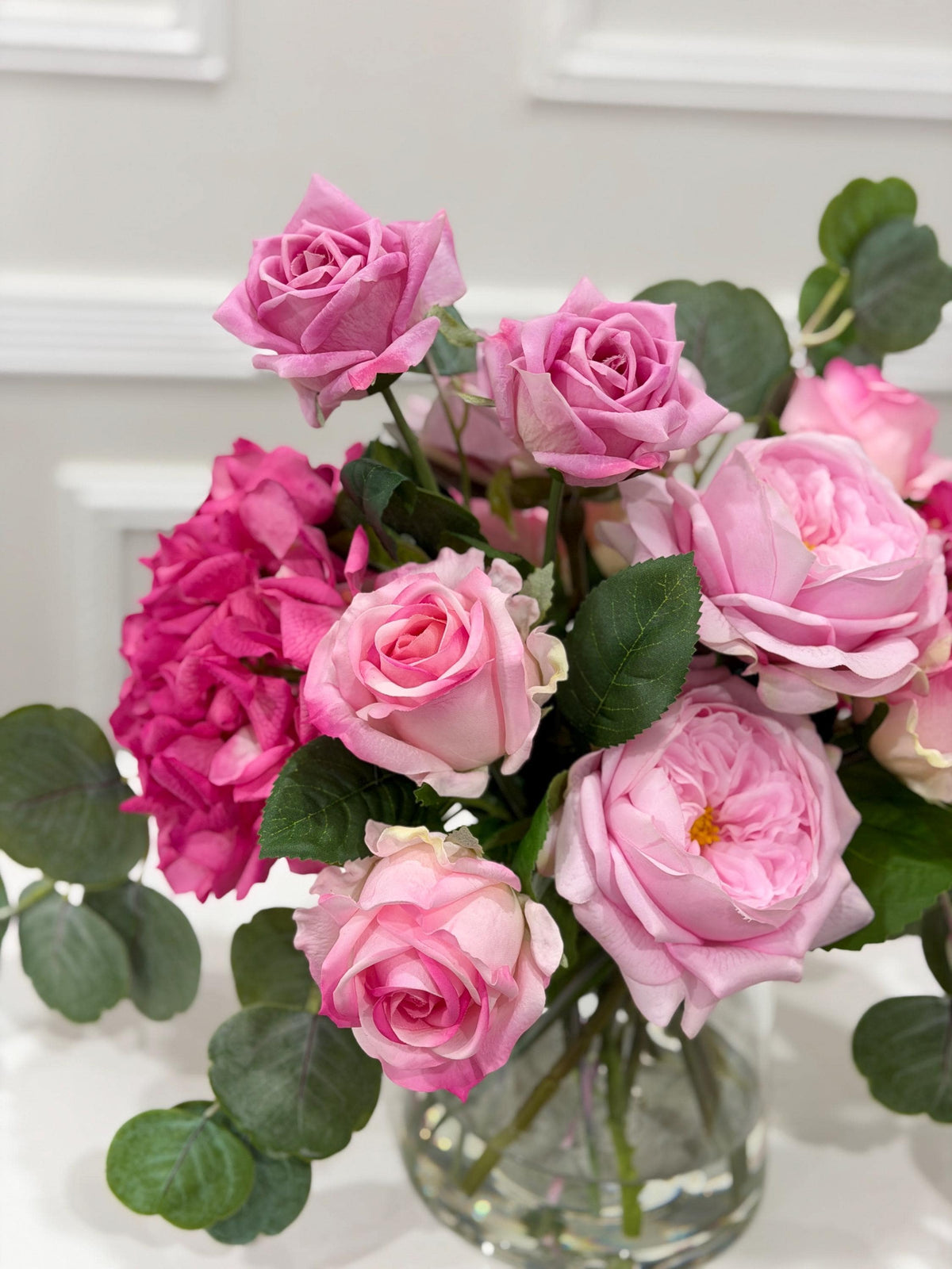 French Garden Real Touch Hydrangea Pink Rose Arrangement in glass vase