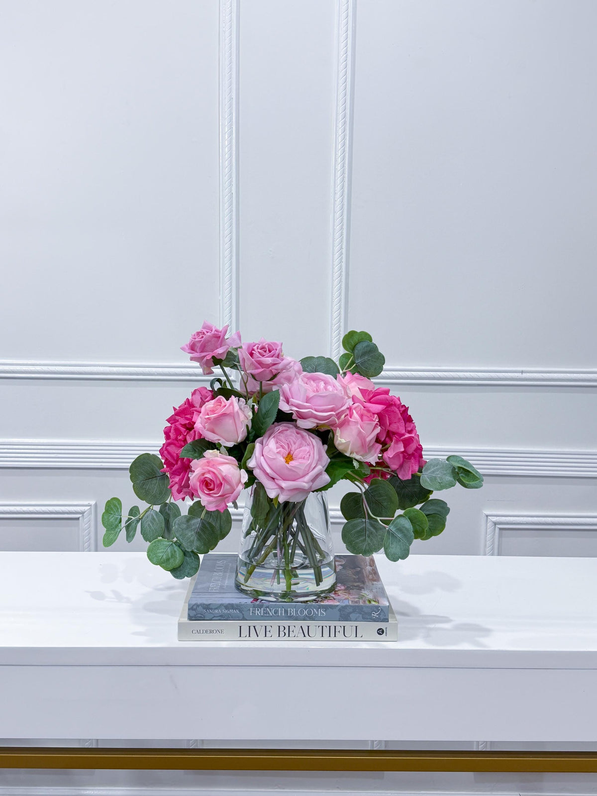 French Garden Real Touch Hydrangea Pink Rose Arrangement in glass vase