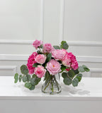 French Garden Real Touch Hydrangea Pink Rose Arrangement in glass vase