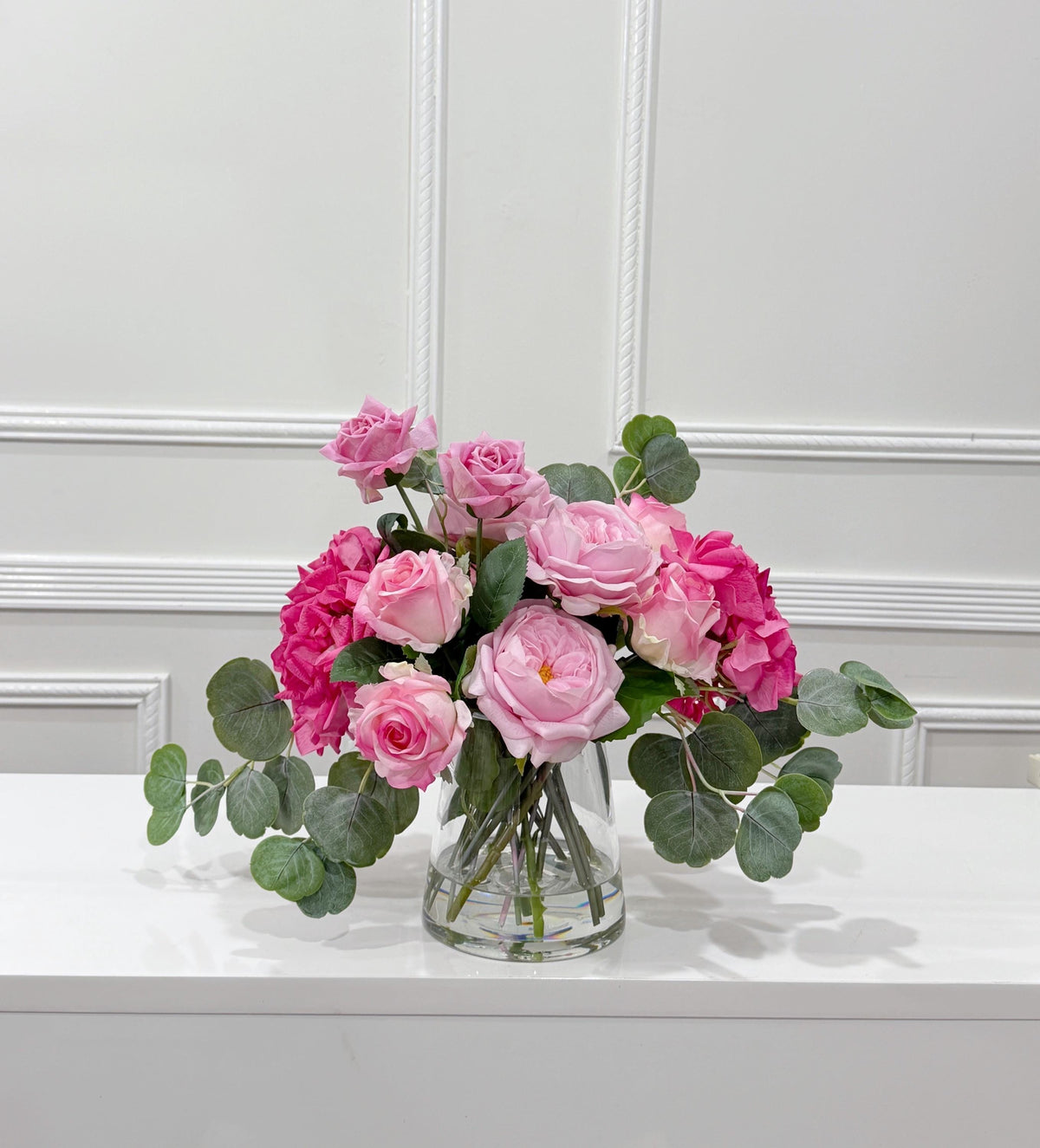 French Garden Real Touch Hydrangea Pink Rose Arrangement in glass vase