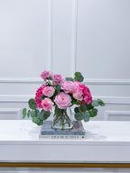 French Garden Real Touch Hydrangea Pink Rose Arrangement in glass vase