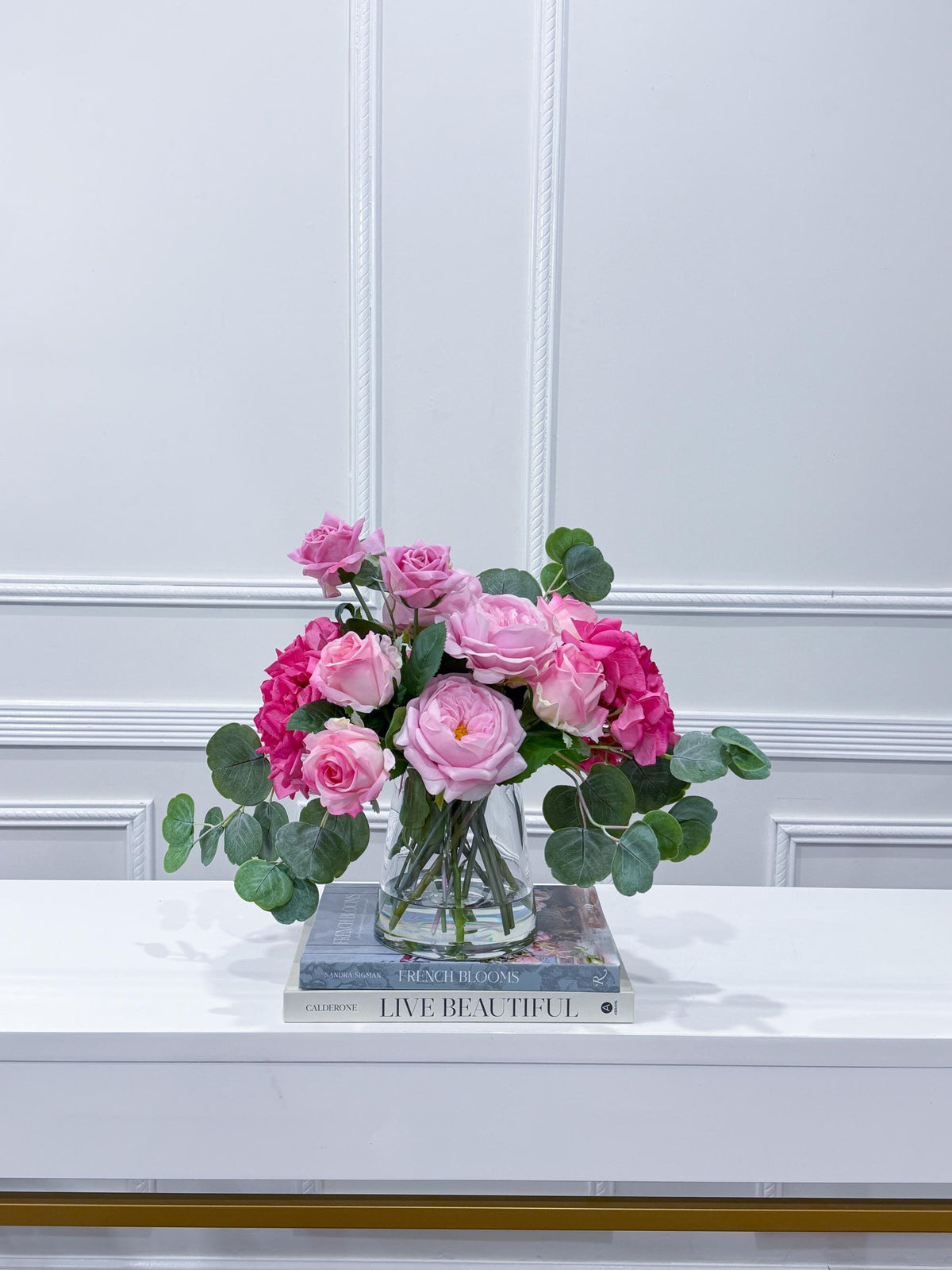French Garden Real Touch Hydrangea Pink Rose Arrangement in glass vase