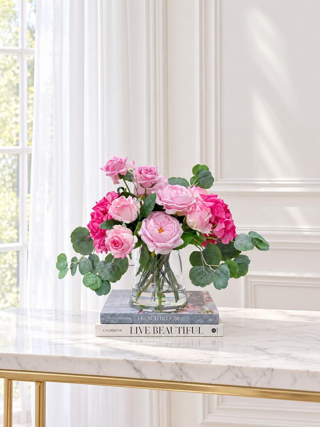French Garden Real Touch Hydrangea Pink Rose Arrangement in glass vase