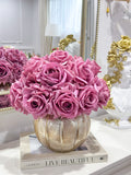 Real Touch Purple Roses in Elegant Gold Vase