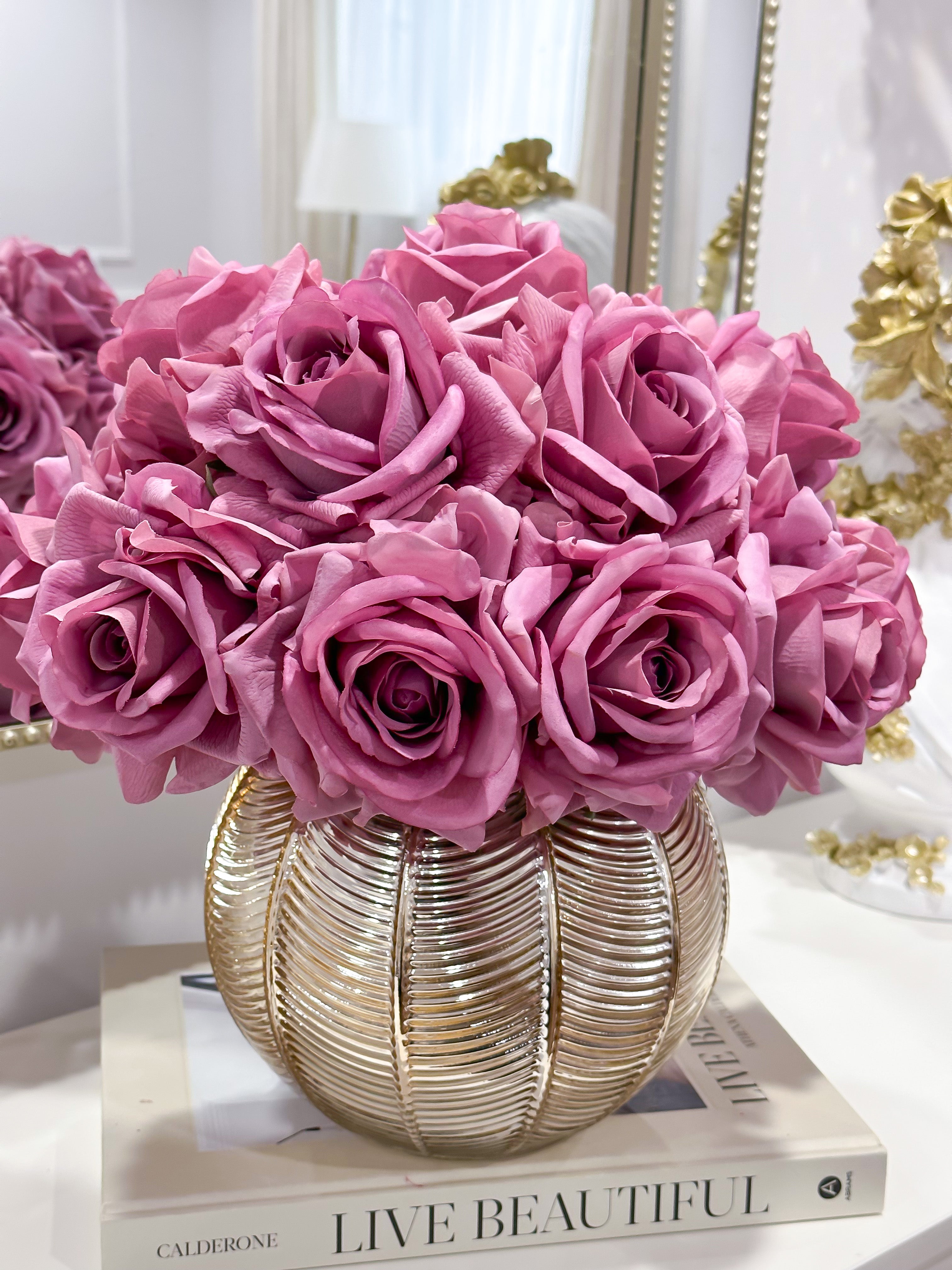 Real Touch Purple Roses in Elegant Gold Vase