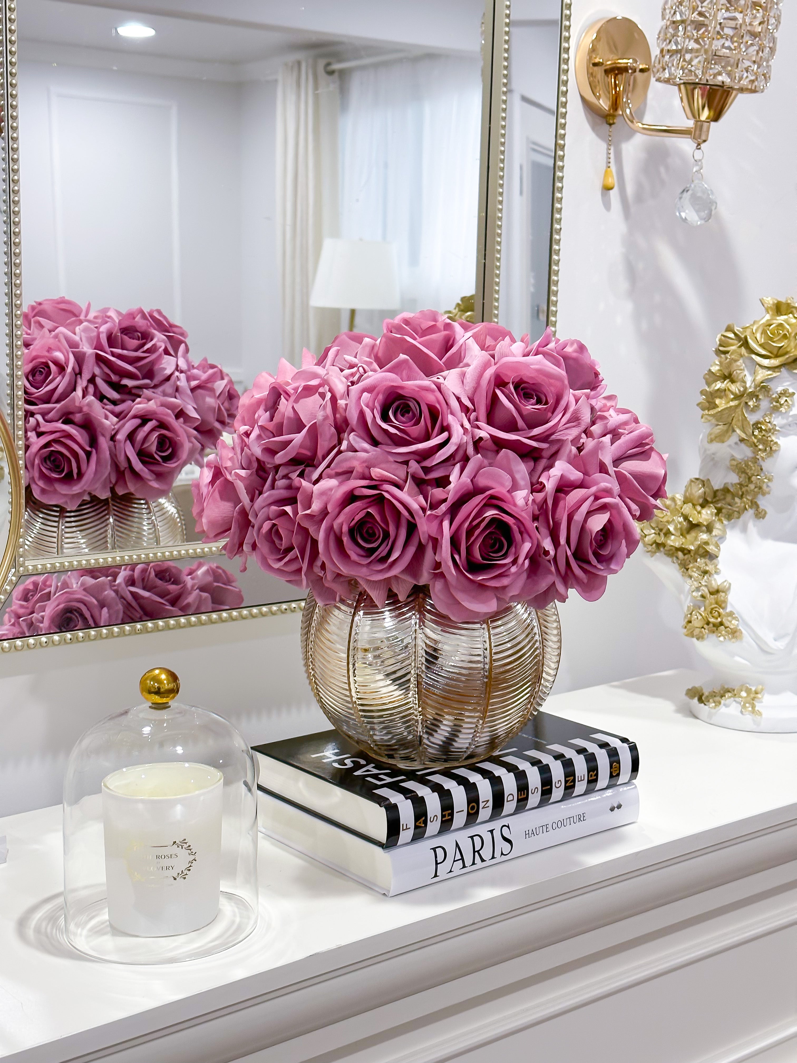Real Touch Purple Roses in Elegant Gold Vase Secondary image