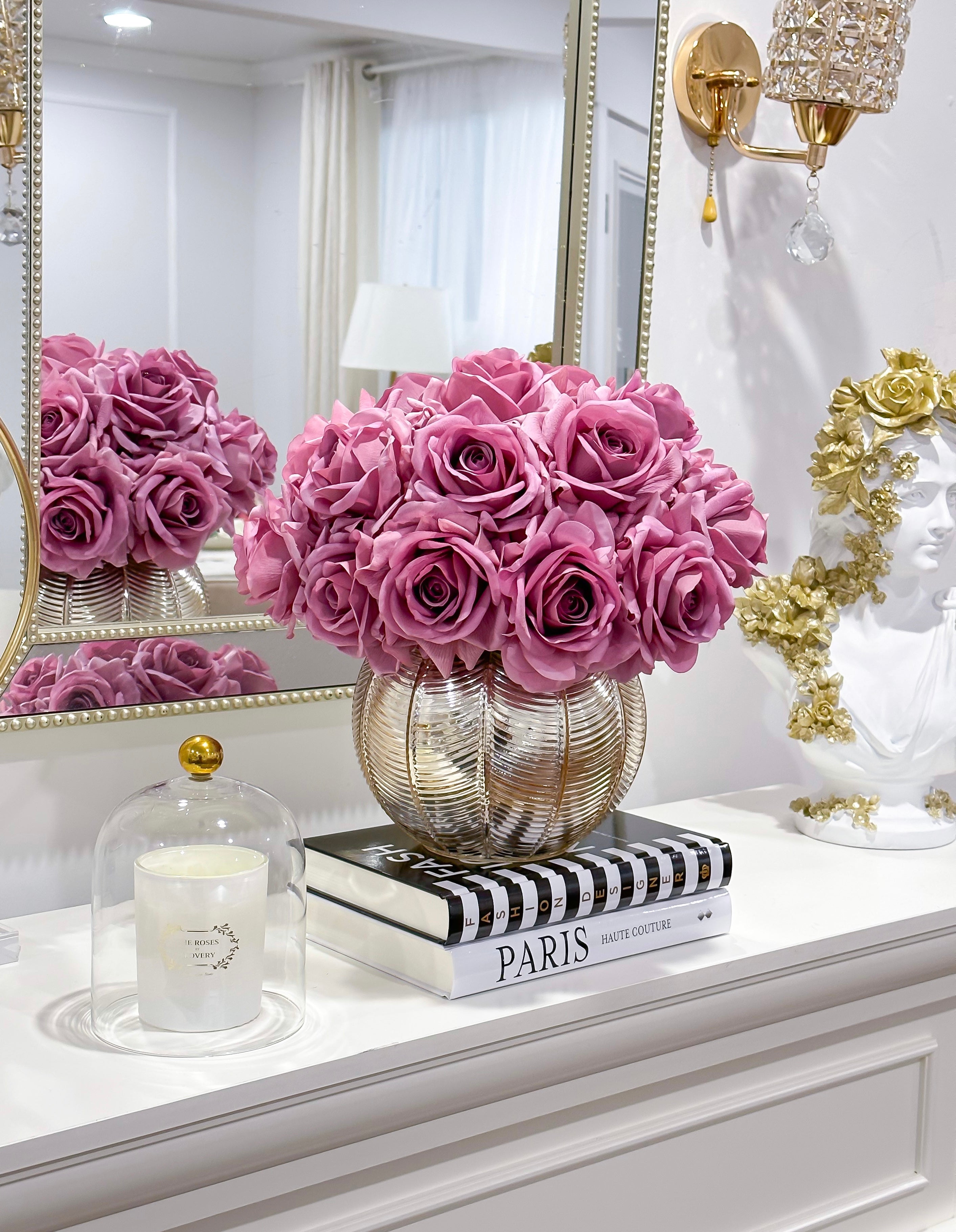 Real Touch Purple Roses in Elegant Gold Vase