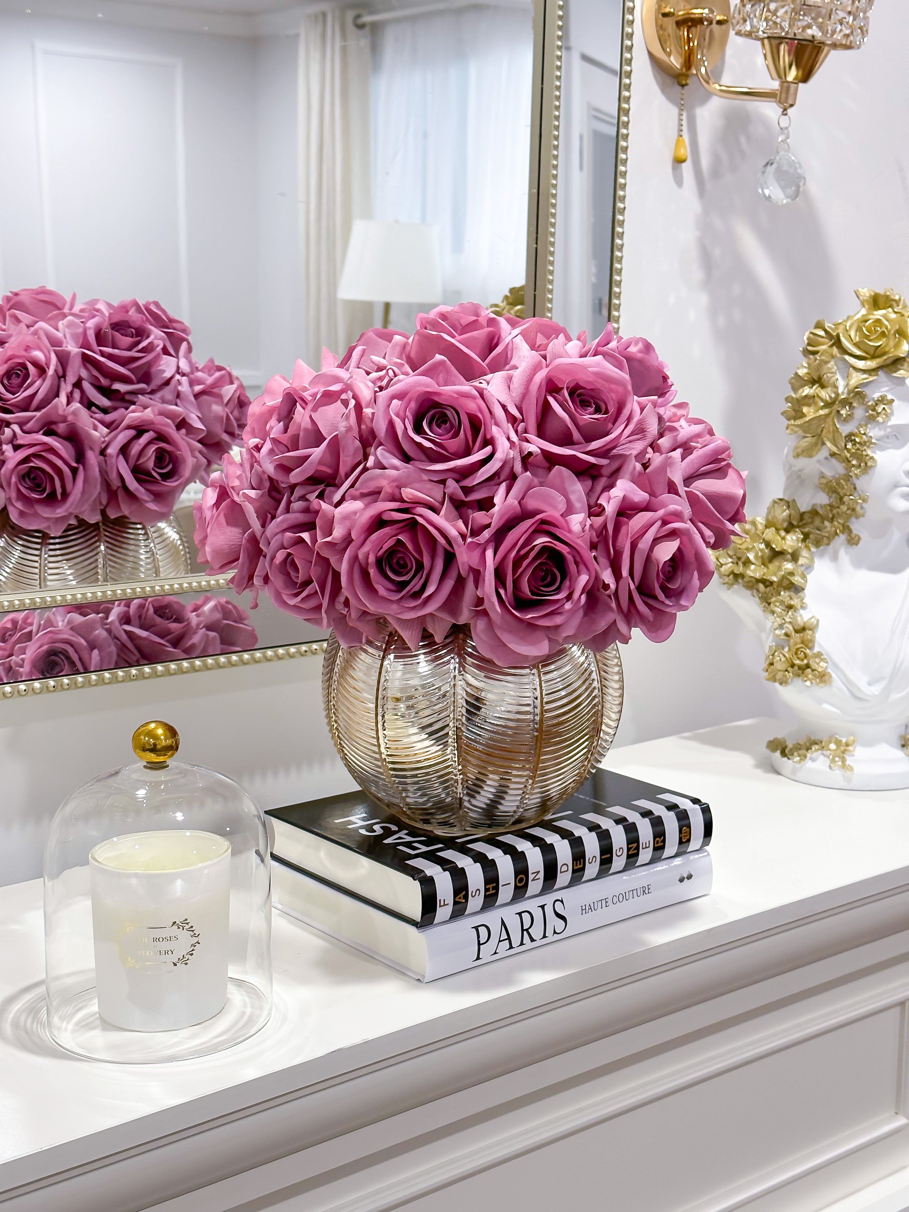 Real Touch Purple Roses in Elegant Gold Vase Main image