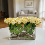 Long Dark Champagne Real Touch Roses Arrangement in Rectangular Glass Vase - Flovery