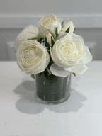 White rose dome arrangement in glass vase