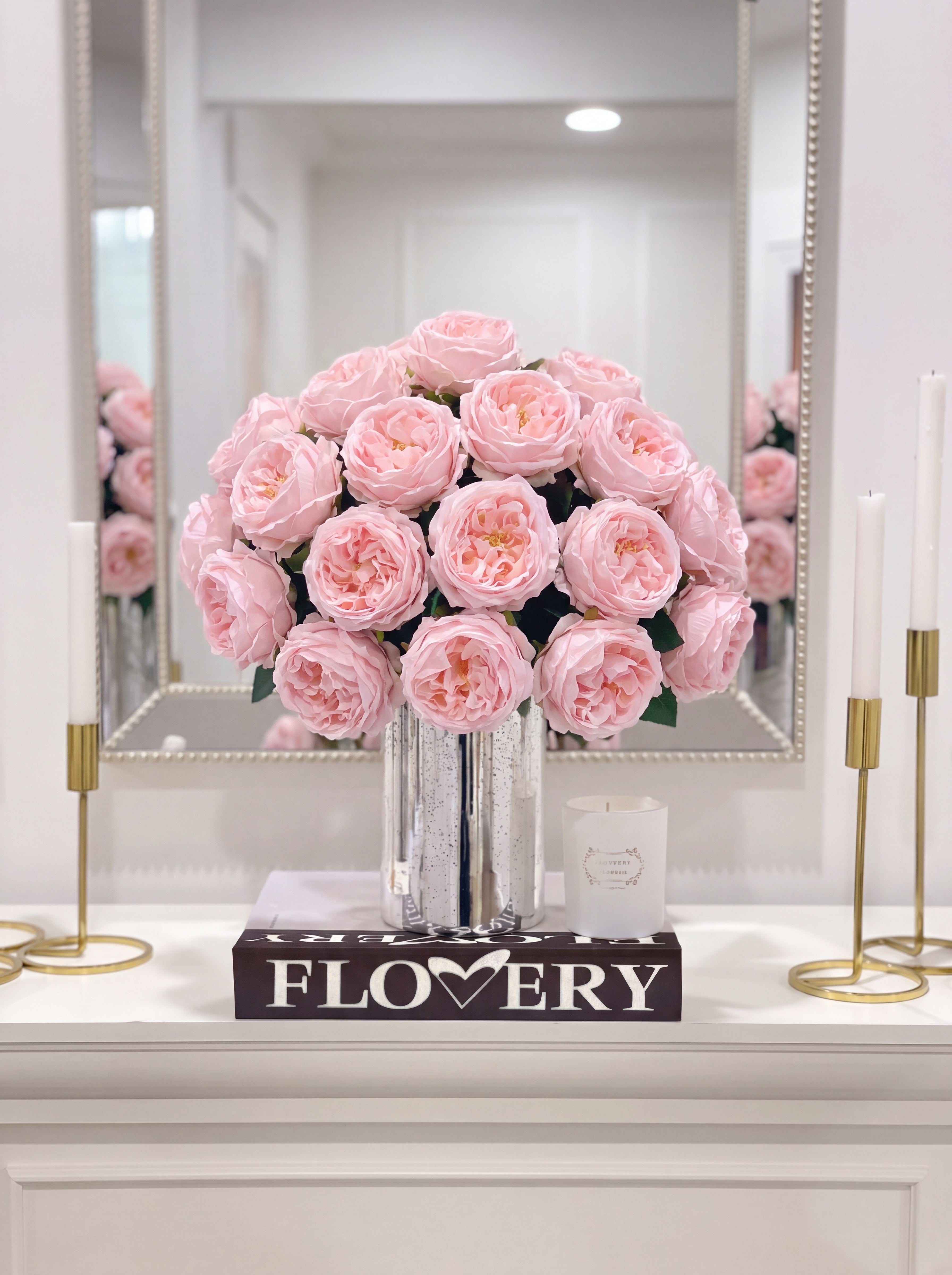 Large real touch pink English rose centerpiece in silver metal vase