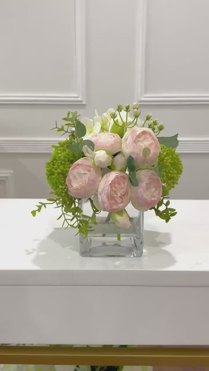 Faux Peony Hydrangea Green Berries Arrangement