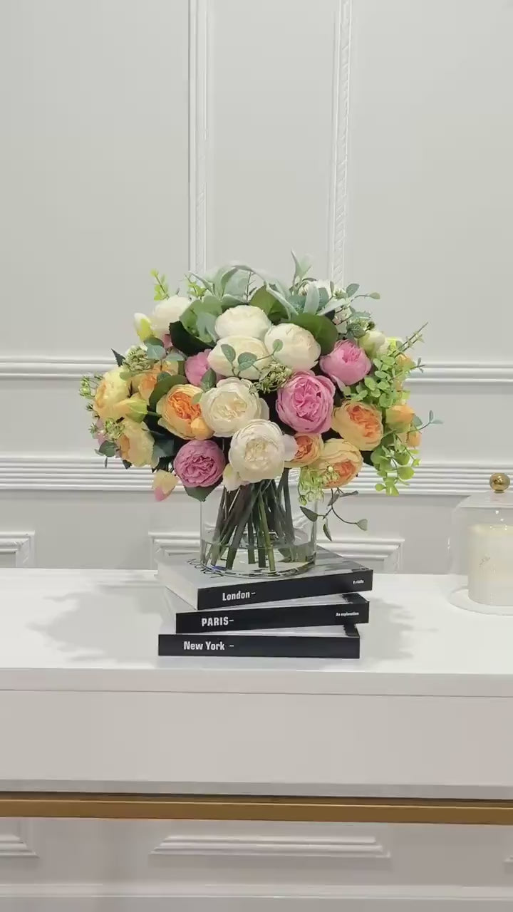 Large Pink White Yellow Peony Rose Faux Arrangement