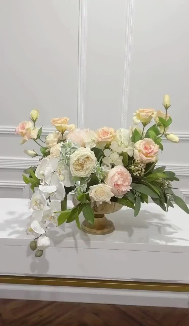 18-in Blush Cream Real Touch Rose Peony Hydrangea Centerpiece in Gold Vase