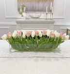 Modern Long Pink/ White Real Touch Tulip Centerpiece in Glass Vase for Table Decor