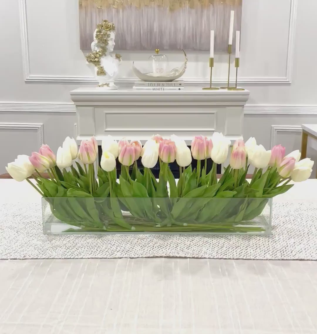 Modern Long Pink/ White Real Touch Tulip Centerpiece in Glass Vase for Table Decor