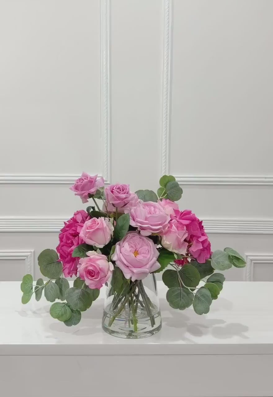 French Garden Real Touch Hydrangea Pink Rose Arrangement in glass vase