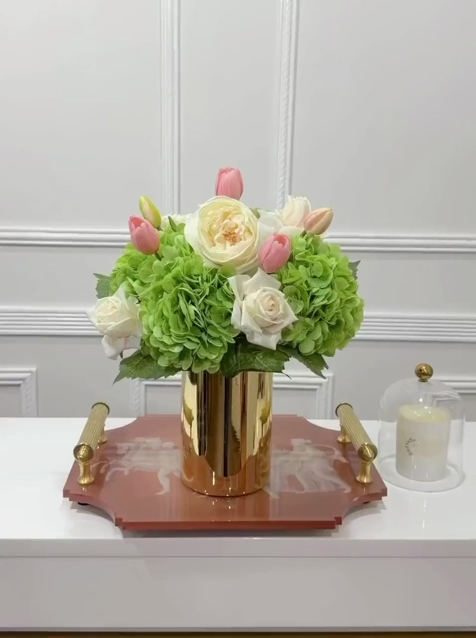 Real touch rose hydrangea tulip centerpiece in a gold vase