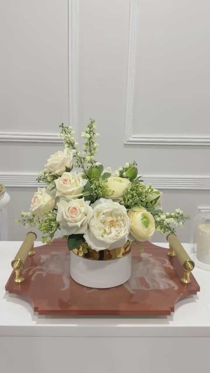 White Real Touch Rose Ranunculus Centerpiece in Gold Vase