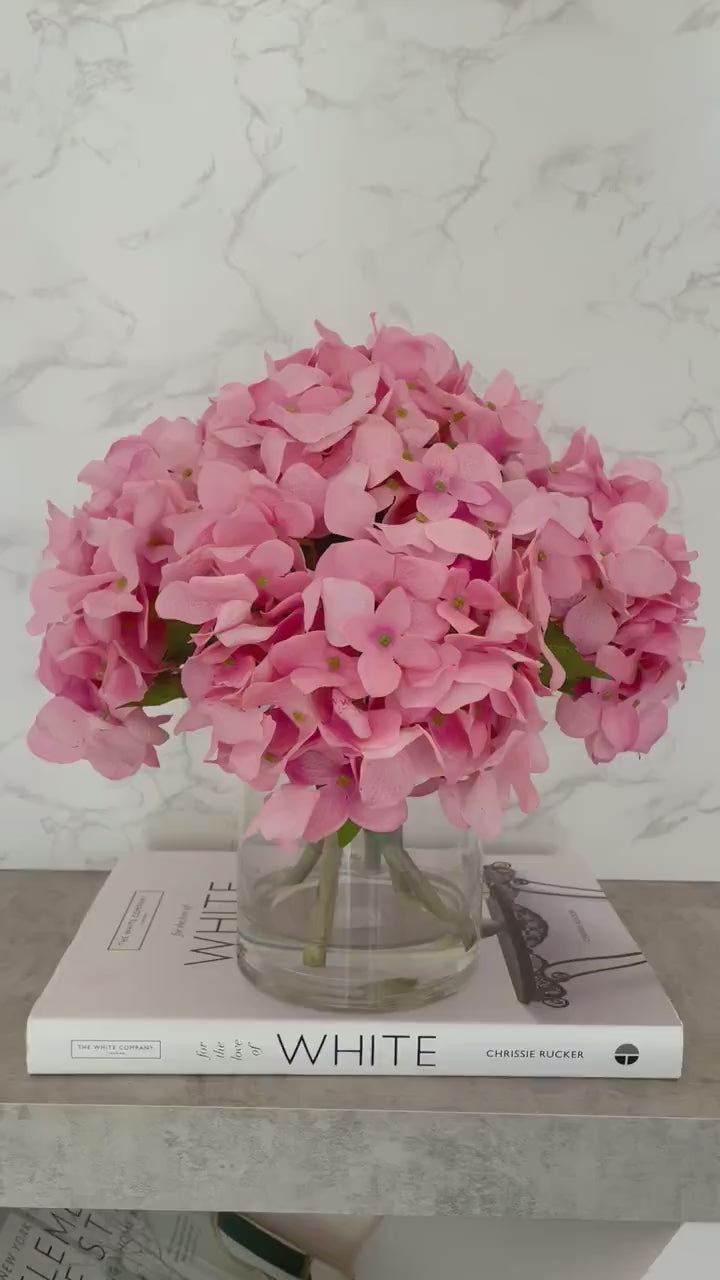 Modern Real Touch Pink Hydrangea Arrangement in Cylinder Glass