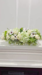 Long Faux Floral Arrangement Green Mixed in Glass Vase