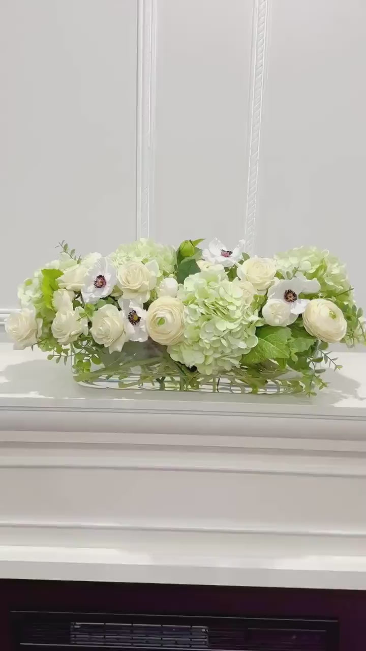 Long Faux Floral Arrangement Green Mixed in Glass Vase
