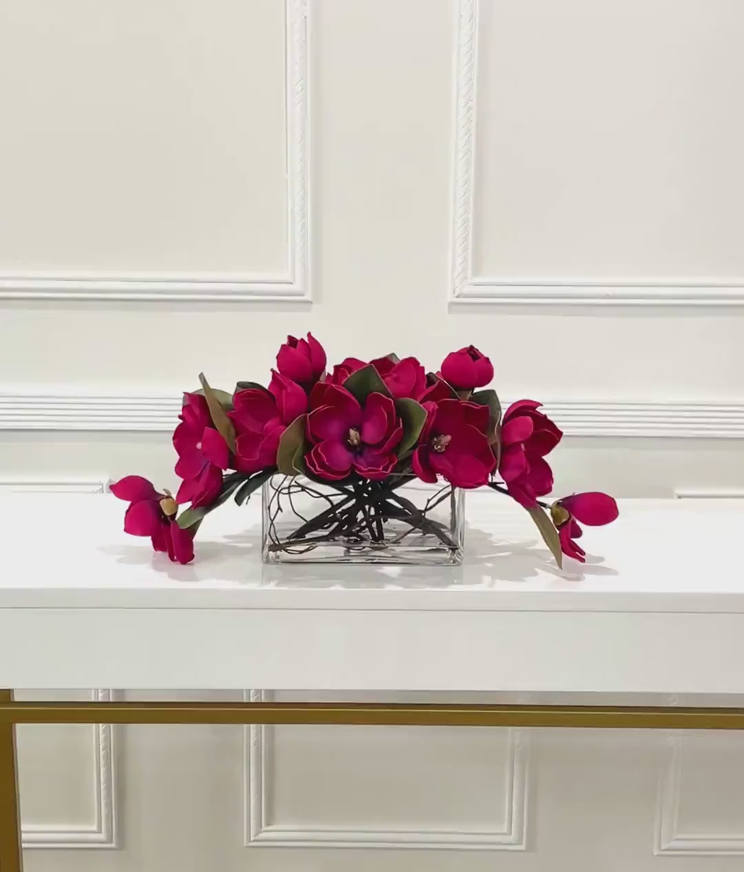 Artificial Magnolia Long Arrangement in Glass Vase