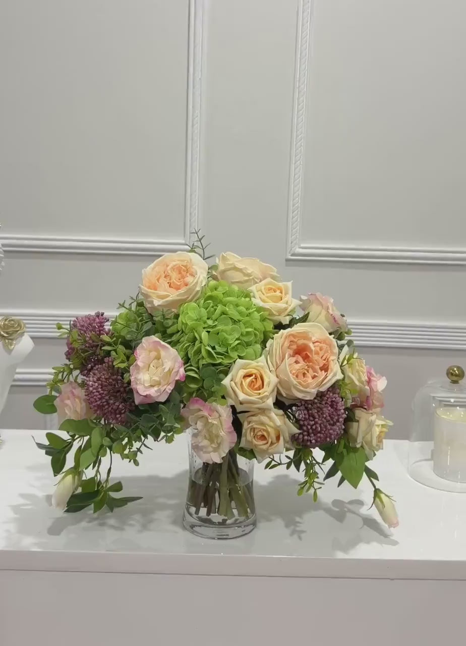 Real Touch Peach Rose Lisianthus Hydrangea Centerpiece