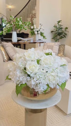 White Hydrangea Cream Rose Real Touch Arrangement in Gold Vase