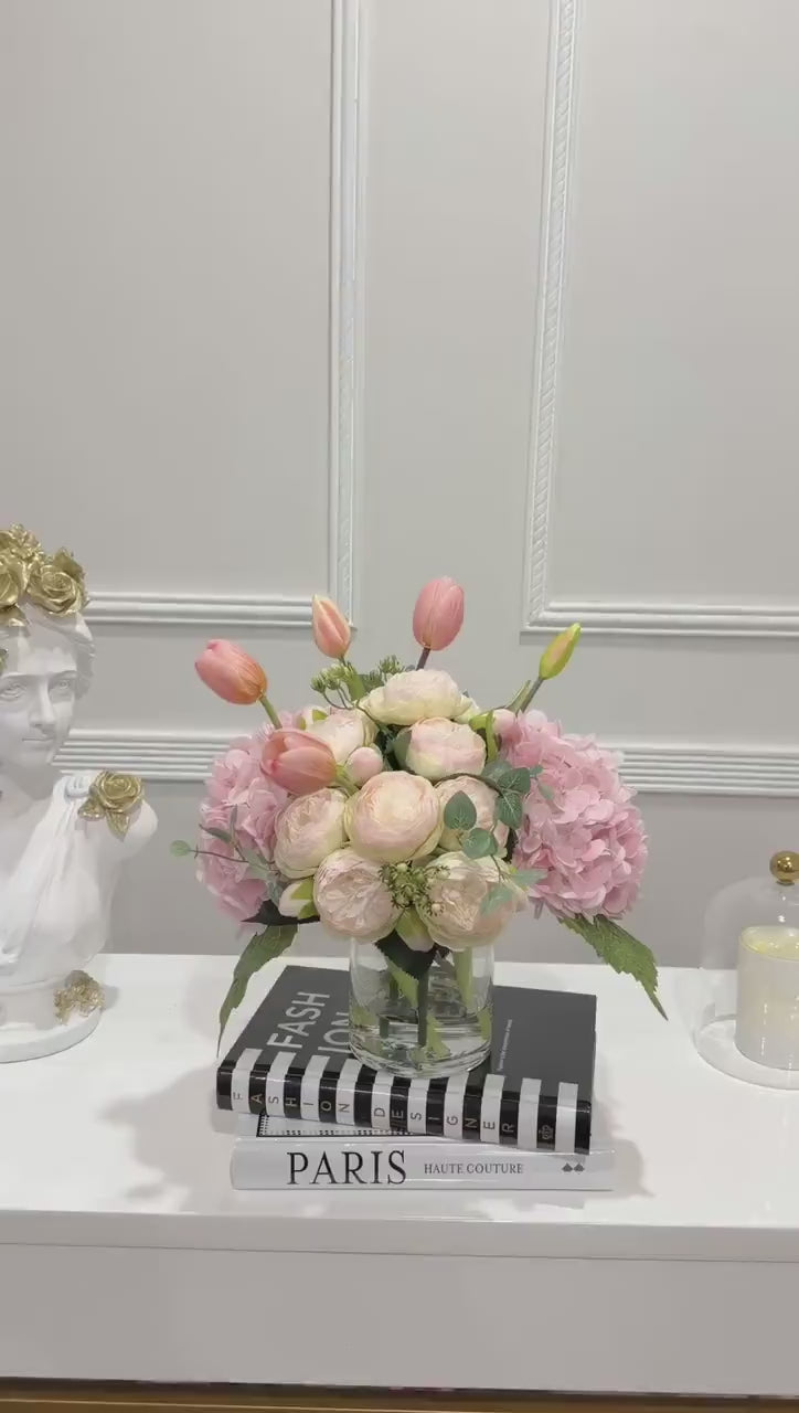 Pink Real Touch Hydrangea Tulip Peony Centerpiece in Glass Vase