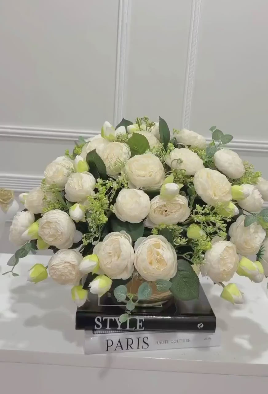 White peony centerpiece in gold vase video