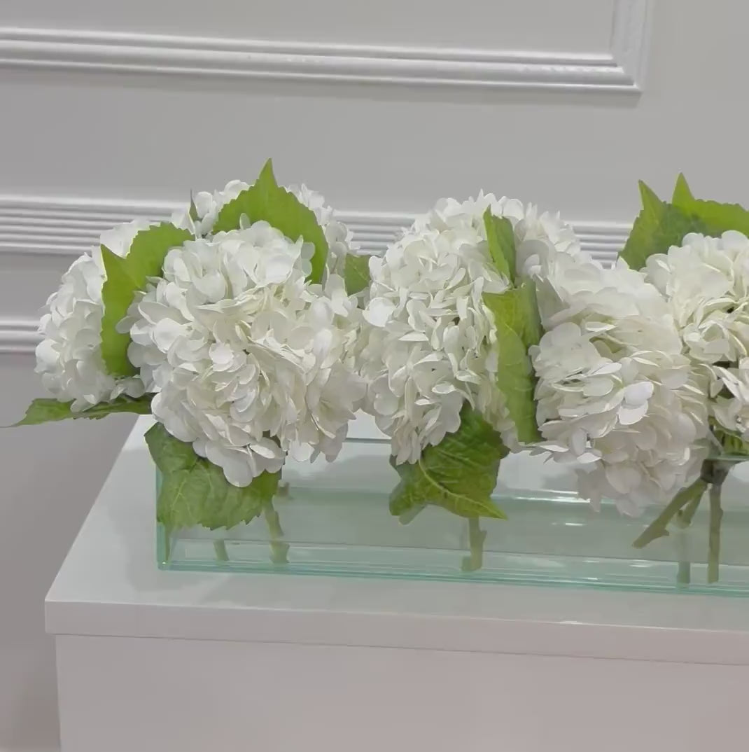 French Artificial Hydrangeas Centerpiece In Long Glass Vase