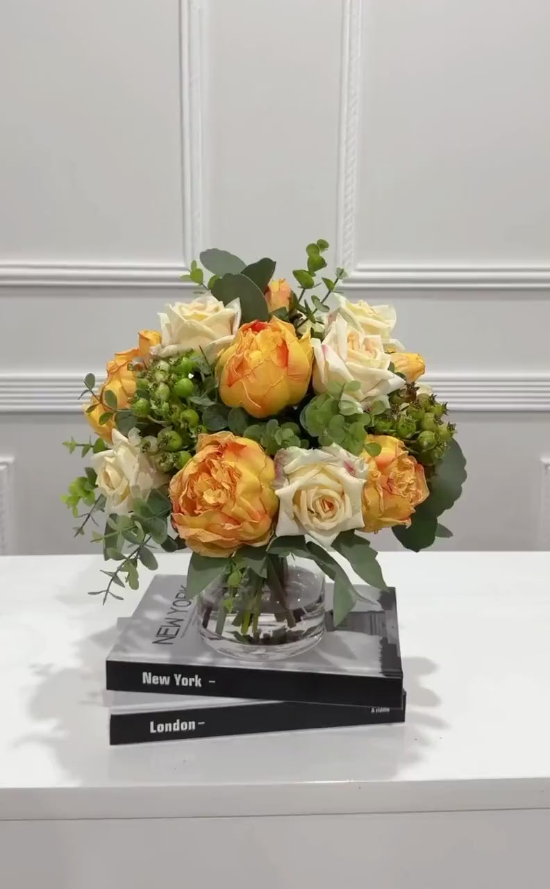 11-in Champagne Orange Real Touch Rose Peony Centerpiece in Glass Vase