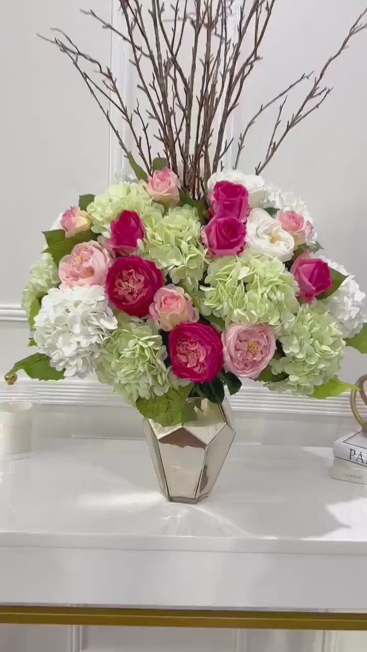 45-in Real Touch Hydrangea Rose Arrangement in Gold Vase