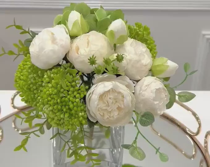 Faux Peony Hydrangea Green Berries Arrangement
