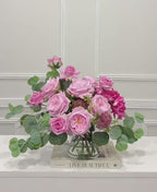 French Garden Paradise pink rose and hydrangea real touch arrangement in a clear glass vase