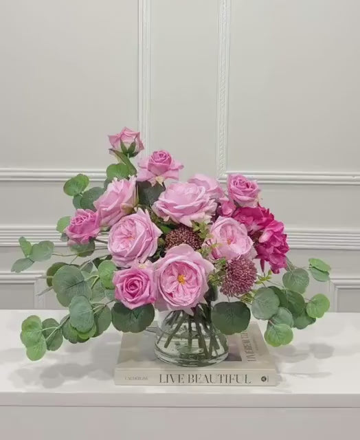 French Garden Paradise pink rose and hydrangea real touch arrangement in a clear glass vase