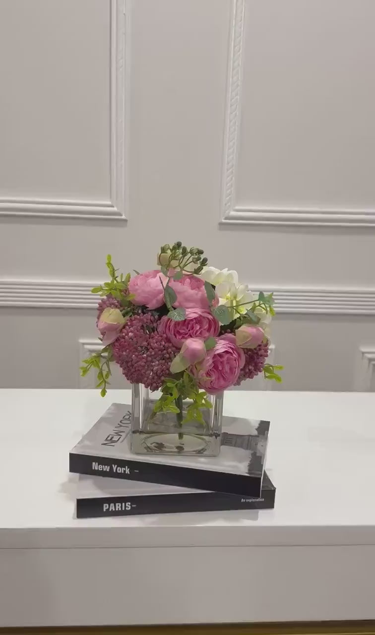 Faux Peony Hydrangea Green Berries Arrangement