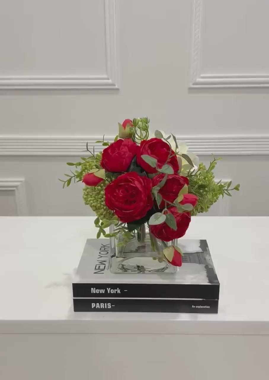 Faux Peony Hydrangea Green Berries Arrangement