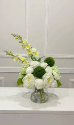 Video of the white green real touch hydrangea rose and silk peony centerpiece