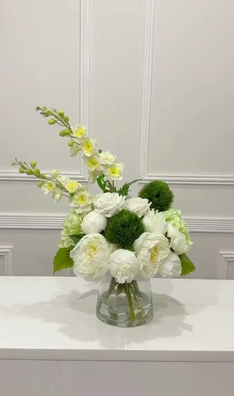 Video of the white green real touch hydrangea rose and silk peony centerpiece