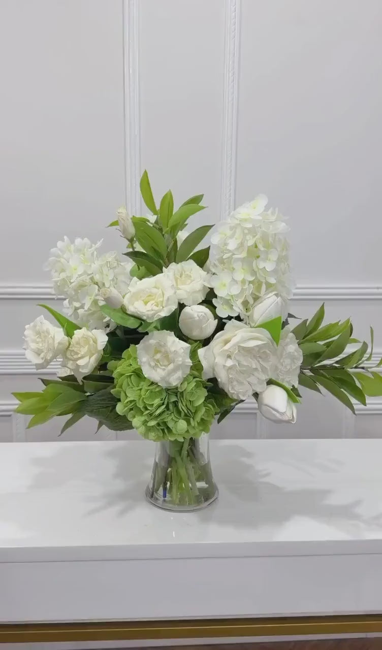 White Green Real Touch Hydrangea Peony Tulip Centerpiece
