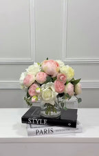 Pink White Rose Peony Real Touch Centerpiece in Glass Vase